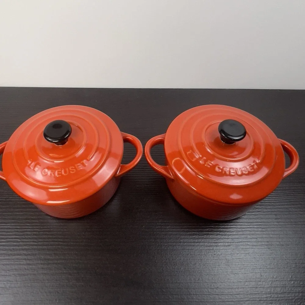 Le Creuset 2X Mini Round Cocotte 8 oz Cerise Stoneware Set of 2 w/Lids New Red